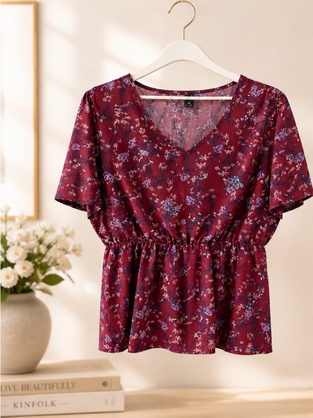 Floral V-Neck Floral Peplum Top - Burgundy